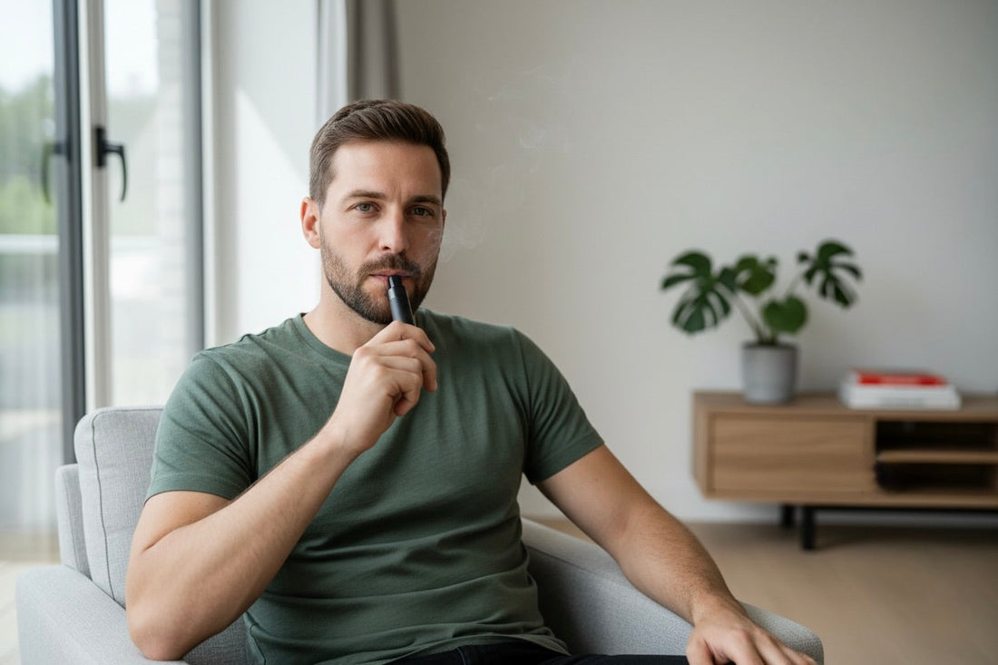 Adult UK vaper using a vape device in a relaxed home setting